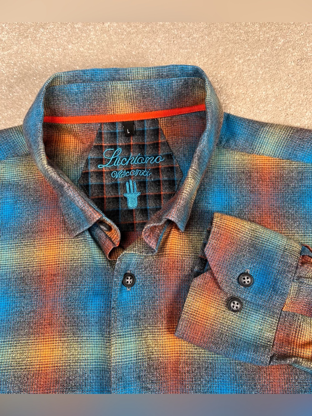 Luchiano Visconti Button Up Blue Orange Southwestern 100% Cotton Men's Lg